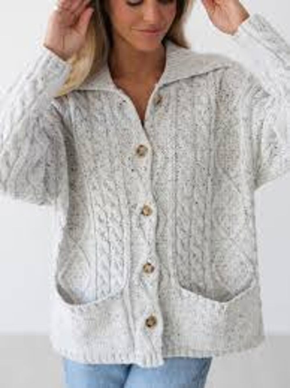 Neutral Ground Cardigan Sweater Women Cable Knit Cream Speckled Collared - Small